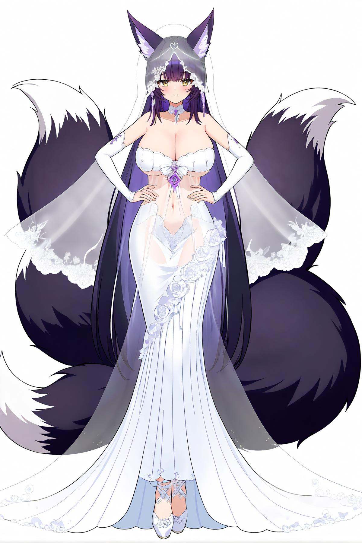 8k, best quality, masterpiece, (ultra-detailed), (white background,simple background), solo, (hands on hip:1.1), (full body:1.1), looking at viewer, <lora:wuzang-a3-Tanger:0.8>, official alternate costume, wuzang, wedding dress, 1girl, animal ears, solo, tail, dress, long hair, fox ears, large breasts, yellow eyes, purple eyes, white dress, bridal veil, purple fox tail, see-through, 