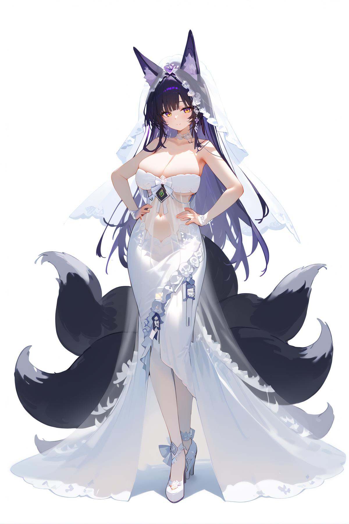 score_9, score_8_up, score_7_up, score_anime, nai3, <lora:YLI 0.1v:0.5>, <lora:style1:0.5>, 8k, best quality, masterpiece, (ultra-detailed), (white background,simple background), solo, (hands on hip:1.1), (full body:1.1), looking at viewer, <lora:wuzang-pony-Tanger:0.8>, official alternate costume, wuzang, wedding dress, 1girl, animal ears, solo, tail, dress, long hair, fox ears, large breasts, yellow eyes, purple eyes, white dress, bridal veil, fox tail, multiple tails, 