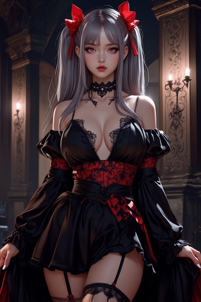 Create an anime-style illustration of a powerful female character inspired by Shalltear Bloodfallen. She has long,  dark s...