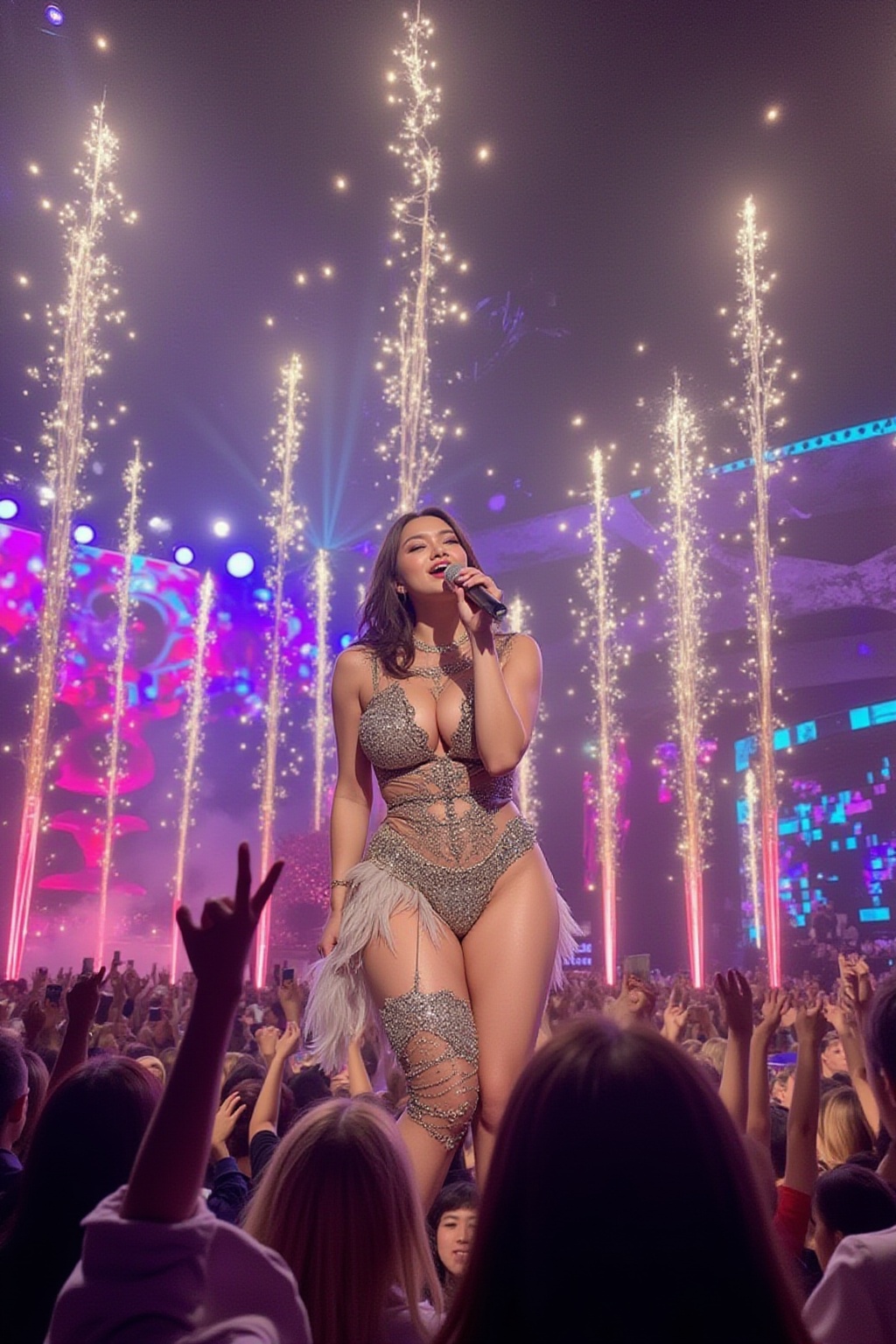 A stunning Japanese idol singer performing on a brightly lit stage,  wearing a glamorous,  sparkling outfit adorned with s...