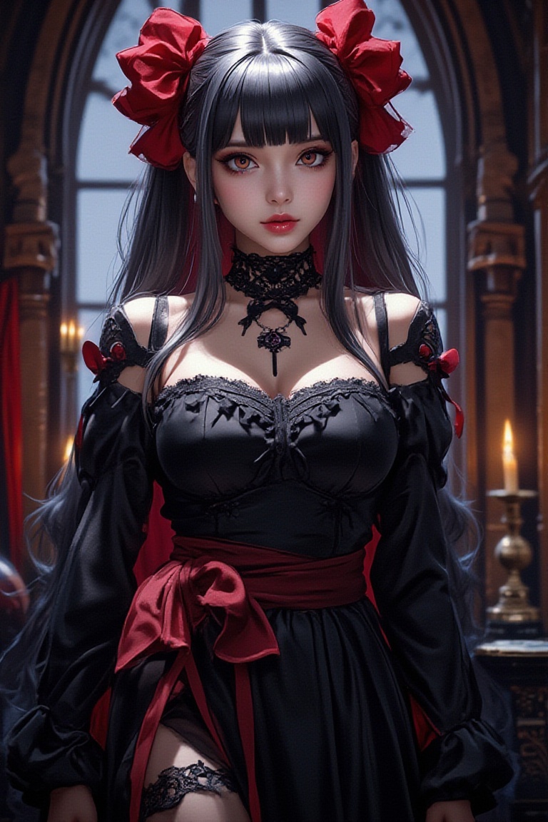 Create an anime-style illustration of a powerful female character inspired by Shalltear Bloodfallen. She has long,  dark s...