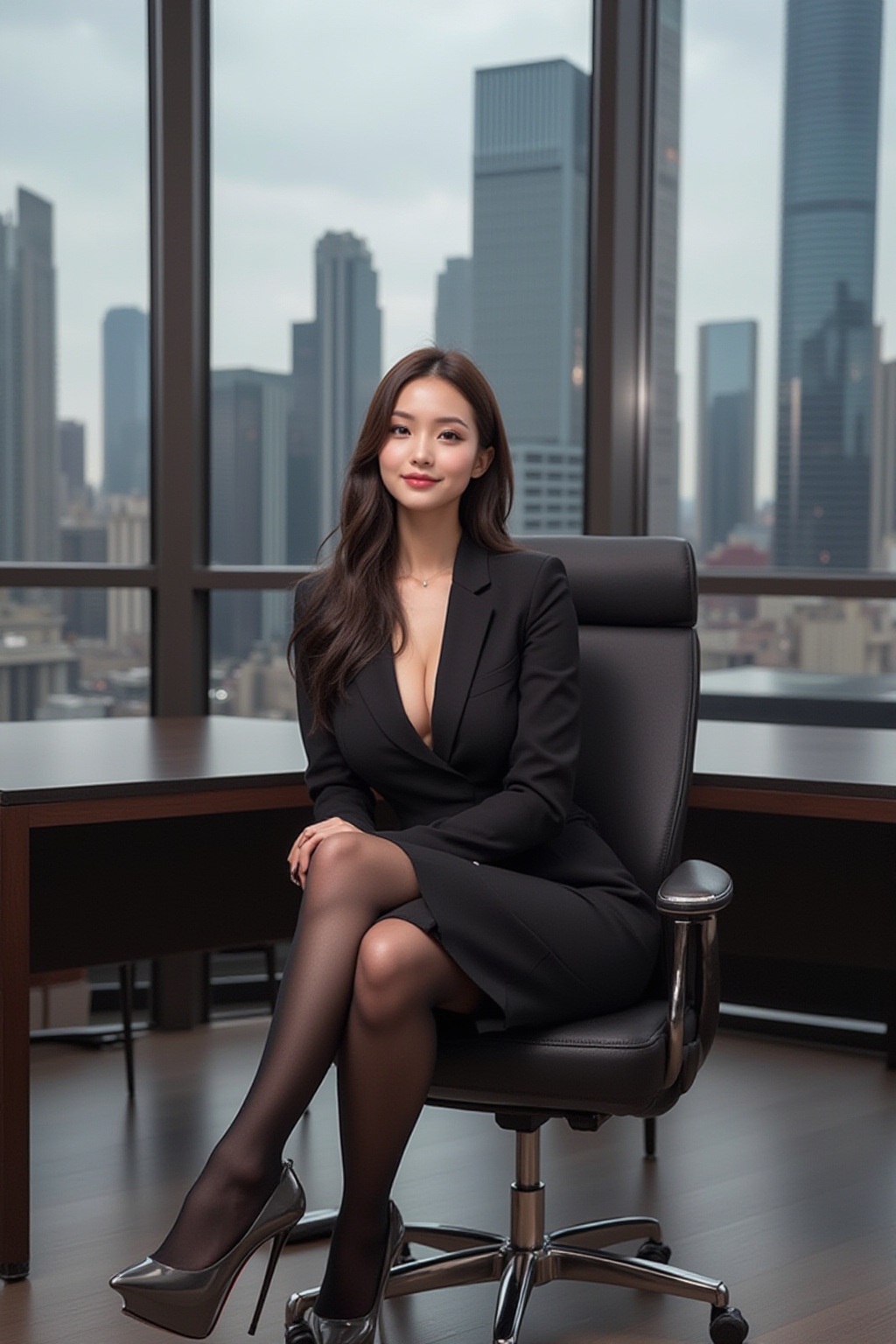 A beautiful office lady (OL) sitting at her desk in a modern,  luxurious office. She wears a sexy,  tight-fitting business...