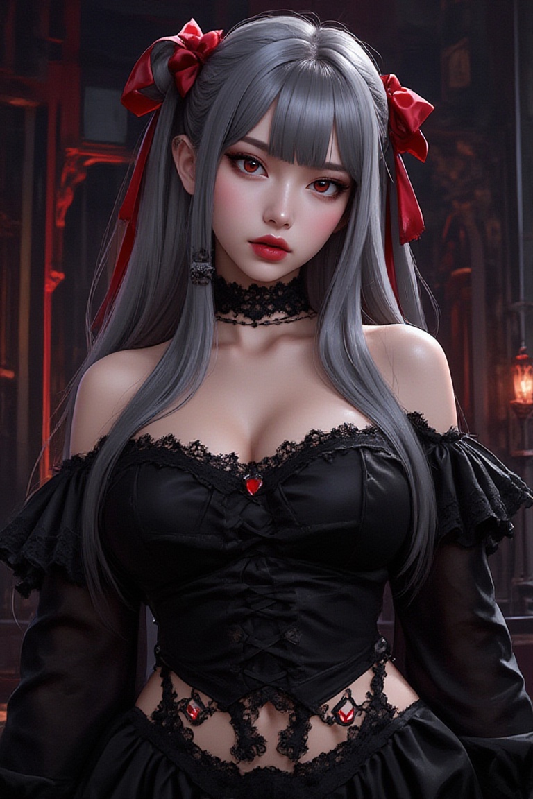 Create an anime-style illustration of a powerful female character inspired by Shalltear Bloodfallen. She has long,  dark s...