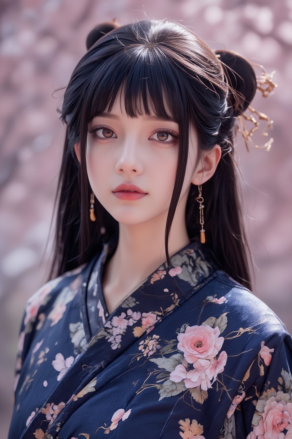 A serene Japanese maiden stands alone against a blurry backdrop of blooming cherry blossom trees. She gazes directly at th...