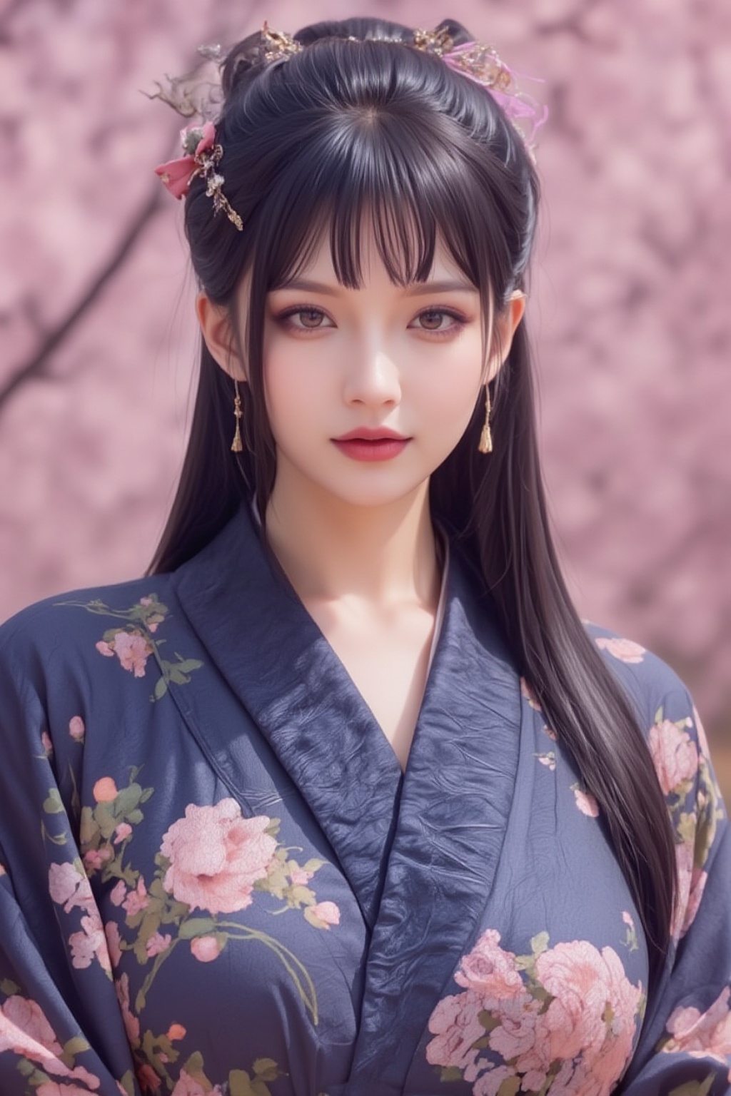 A serene Japanese maiden stands alone against a blurry backdrop of blooming cherry blossom trees. She gazes directly at th...