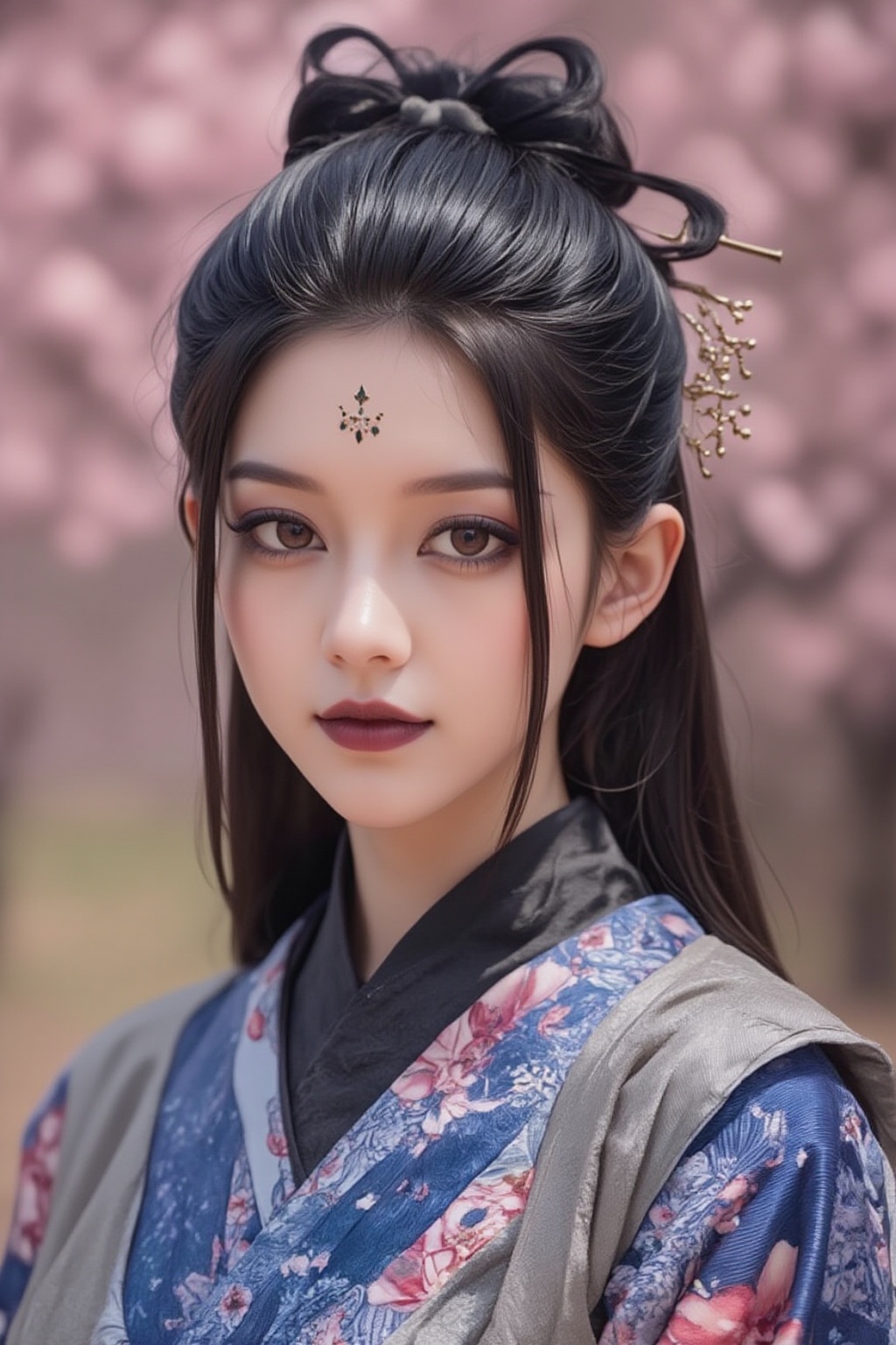 A serene Japanese maiden stands alone against a blurry backdrop of blooming cherry blossom trees. She gazes directly at th...