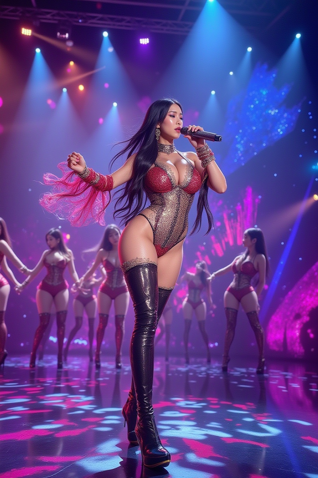 A super glamorous Japanese idol performing a high-energy song on a grand stage. She wears an elaborate,  eye-catching cost...