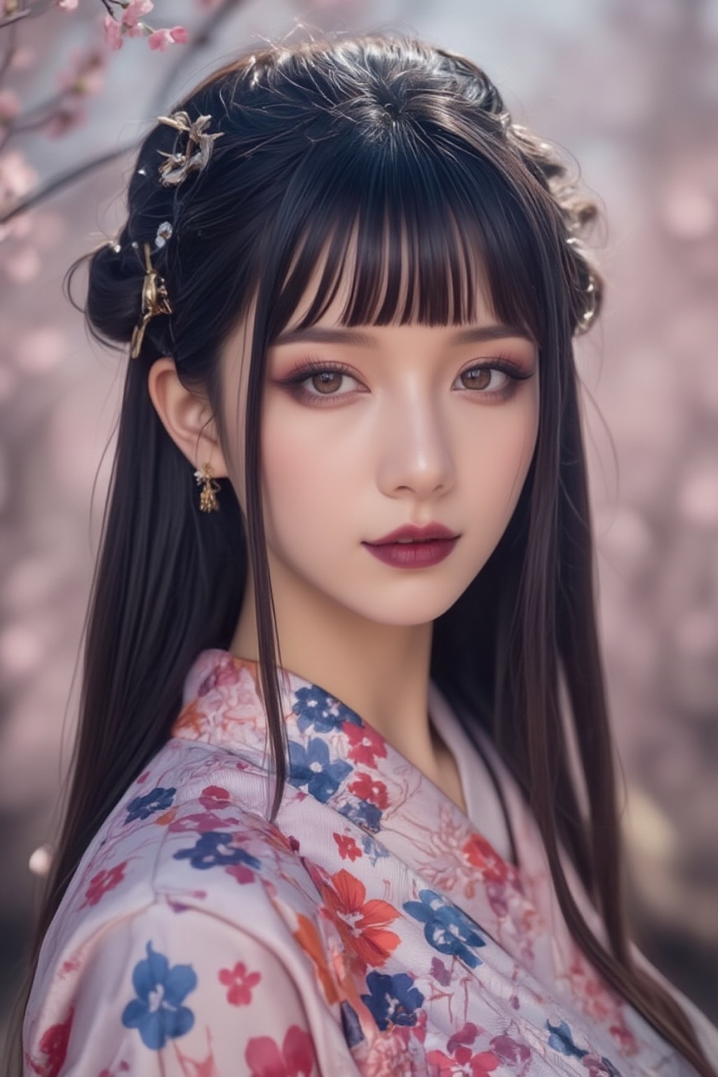 A serene Japanese maiden stands alone against a blurry backdrop of blooming cherry blossom trees. She gazes directly at th...