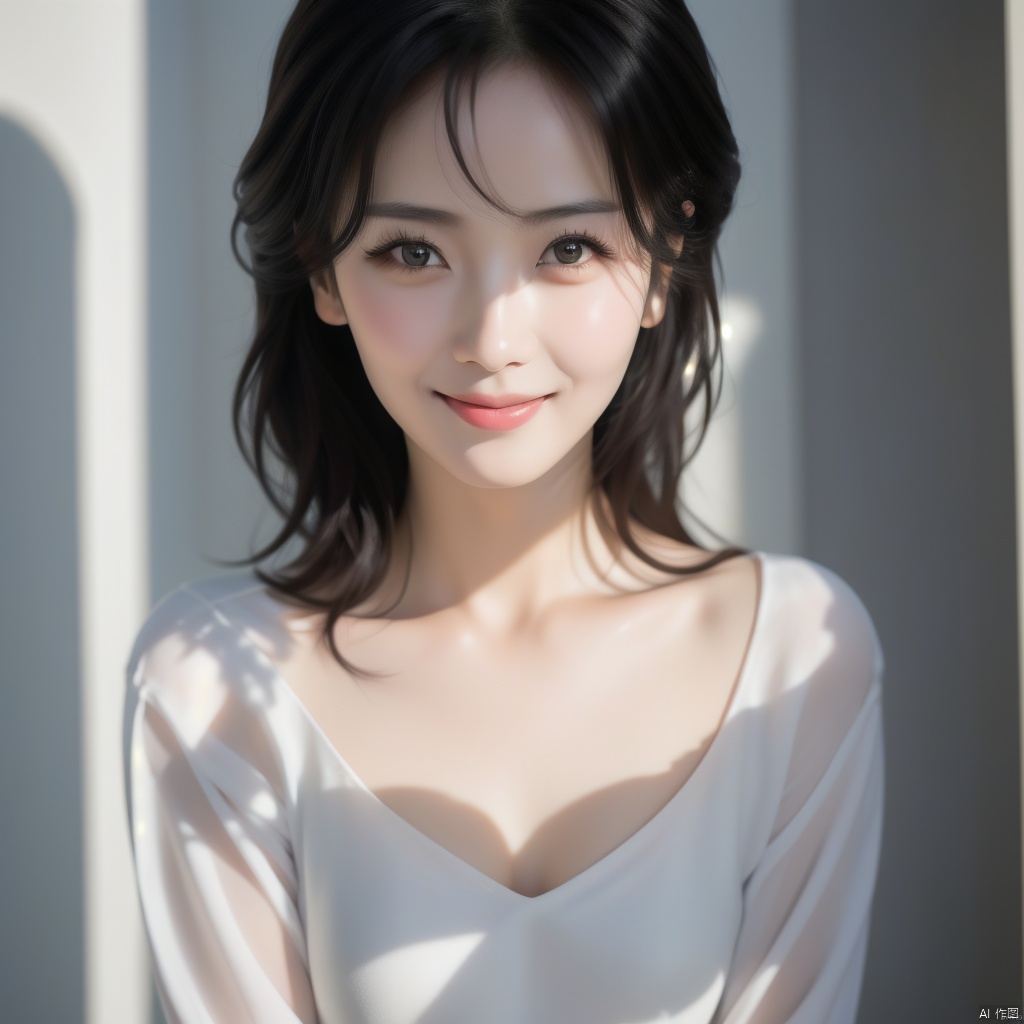 (masterpiece, best quality, high resolution),1 chinese girl,black hair,beautiful detailed eyes,cinematic angle,soft light,extremely detailed face,long eyelashes,skin details,light smile,looking at viewer,light and shadow details,
