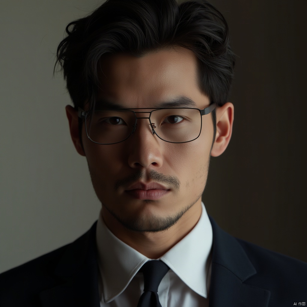 masterpiece, 1 Man, Look at me, Handsome, Black hair, Stubble, Mature man, Suit, Glasses, Background wall, Cinematography, textured skin, super detail, best quality