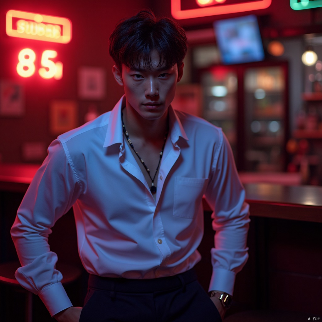 masterpiece,A 30-year-old male,Korean men,Look at me,stubble,Collared shirt,trousers,muscular,nightclub,neon lights,textured skin,super detail,best quality,