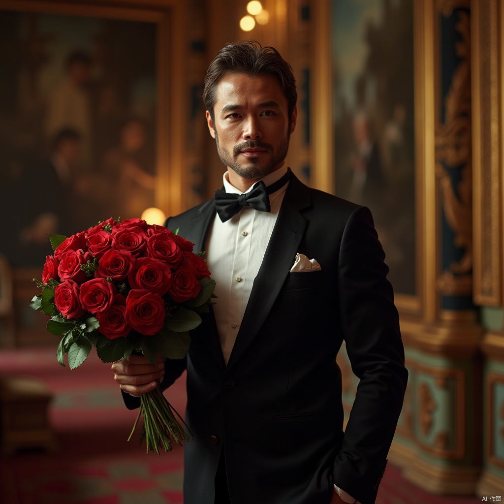 masterpiece,divine titan,1 Man,Look at me,tuxedo,In a lavish palace,Holding a bouquet of roses in his hand,textured skin,super detail,best quality,8k,ccurate