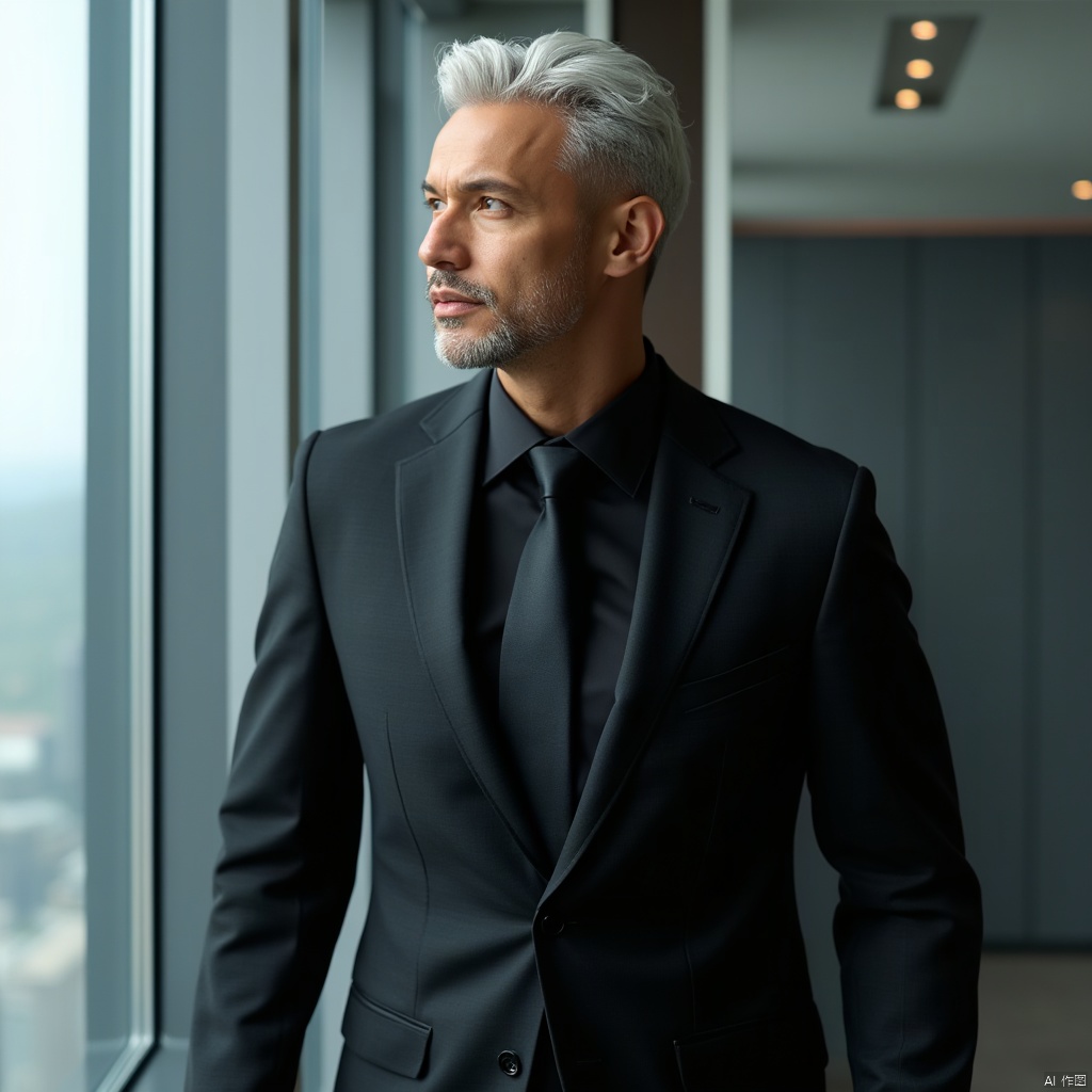 masterpiece,divine titan,1 Man,Stubble,Look at me,White hair,Business suit,Suit,Black shirt,Tie,Black pants,Leather shoes,Indoor,Office,High floor,Glass building,CEO,Realism,ccurate,textured skin,super detail,best quality,8k,