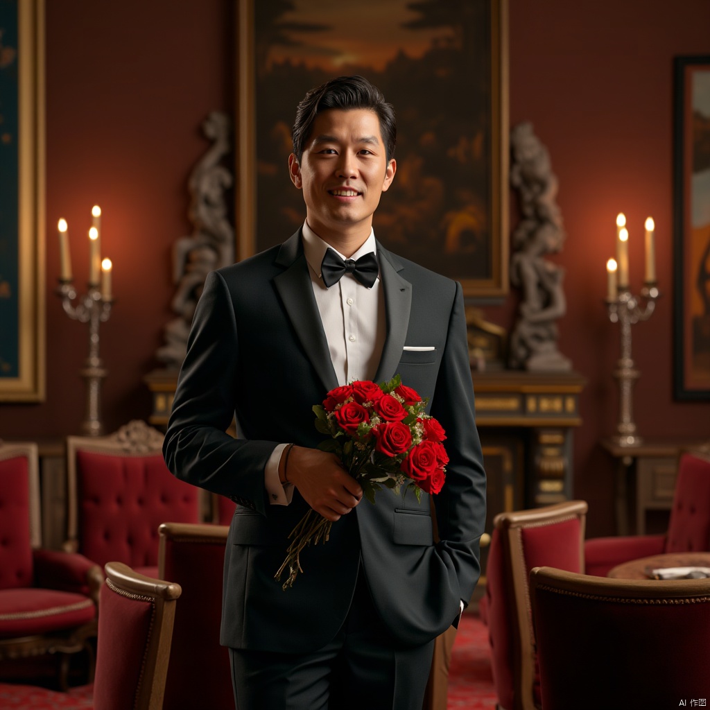 masterpiece,divine titan,1 Man,Look at me,A charming smile,tuxedo,In a lavish palace,Holding a bouquet of roses in his hand,textured skin,super detail,best quality,8k,ccurate,