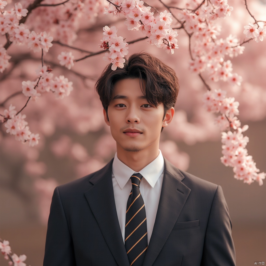 masterpiece,1 boy,18 years old,Look at me,Business suit,Lovely,Short hair,Korean men's hair,Aisle,Spring,Peach tree,Falling petals,textured skin,super detail,best quality,Cinematic Lighting,Tyndall effect,