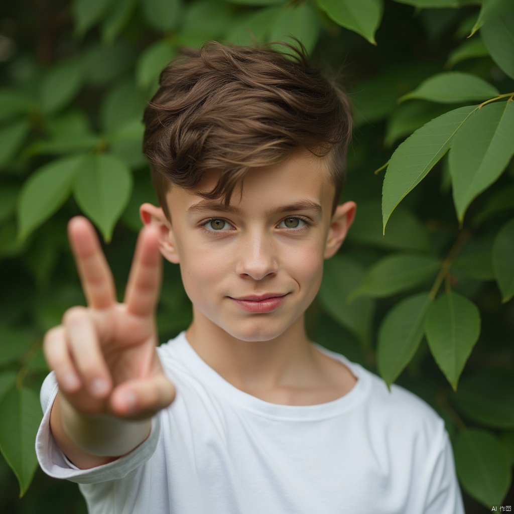 masterpiece,1 Boy,Handsome,Facing the audience,Shut up.,Muscular development,White shirt,Outdoor,Green leaves,Portrait,Front,textured skin,super detail,best quality,surreal photography,fine polished,modified,enchanted,