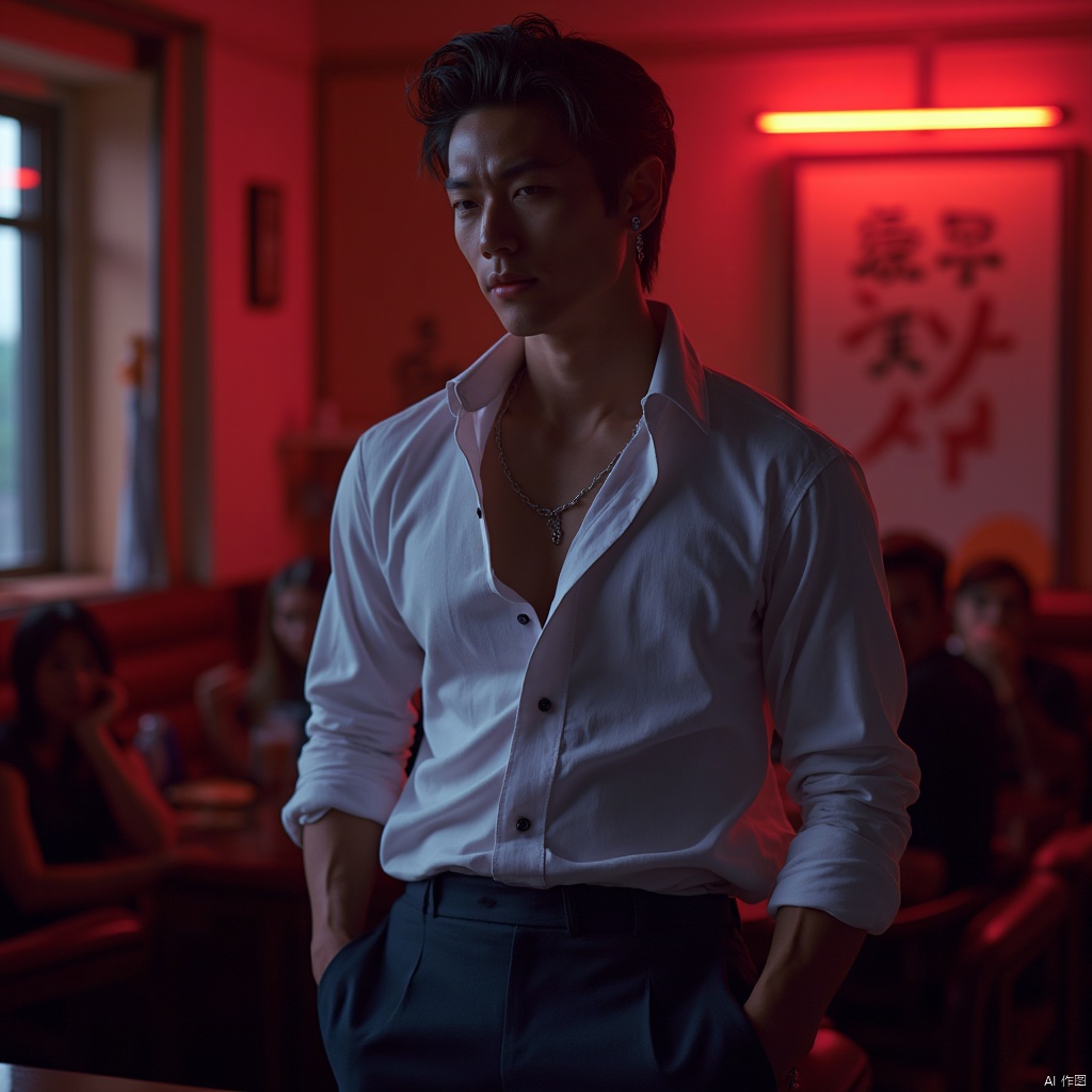 masterpiece,A 30-year-old male,Korean men,Look at me,stubble,Collared shirt,trousers,muscular,nightclub,neon lights,textured skin,super detail,best quality,