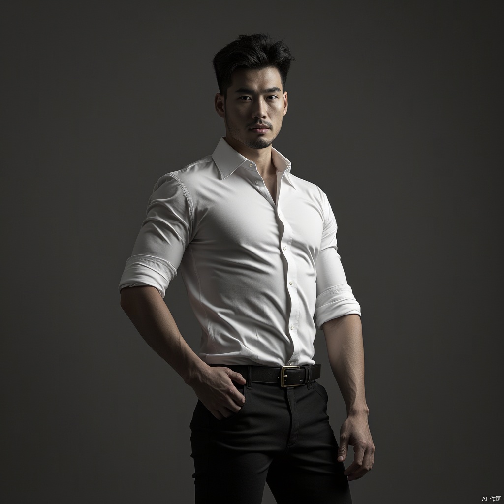 masterpiece,1 Man,28 years old,male focus,looking at viewer,black hair,Muscular development,white shirt,belt,Black pants,Thick thigh,realistic,Portrait Photogram,Photorealistic,ccurate,best quality,Long Exposure,