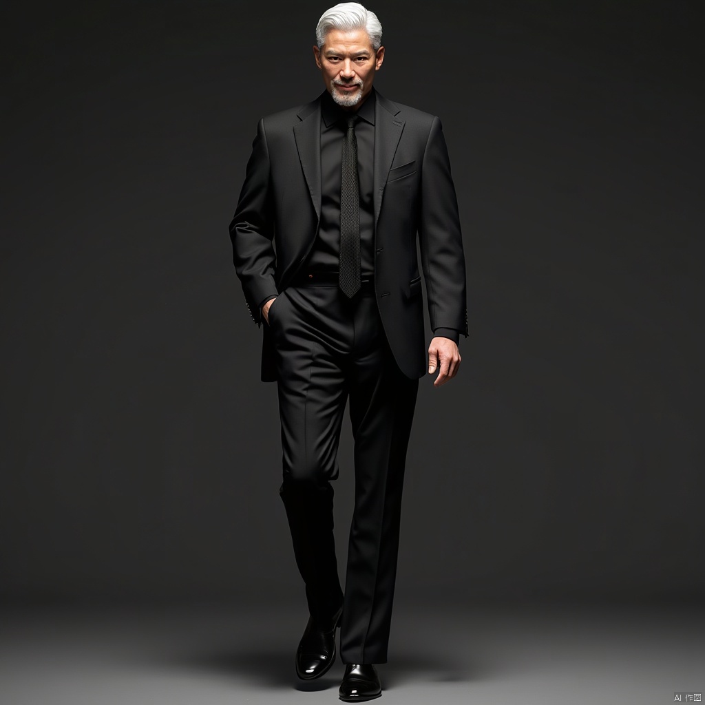 masterpiece,divine titan,1 Man,Stubble,Look at me,White hair,Business suit,Suit,Black shirt,Tie,Black pants,Leather shoes,Walking posture,Realism,ccurate,textured skin,super detail,best quality,8k,
