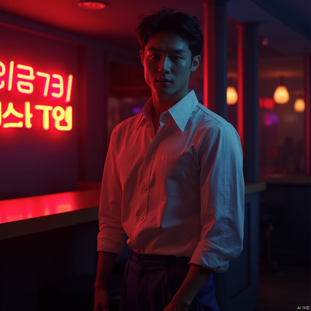 masterpiece,A 30-year-old male,Korean men,Look at me,stubble,Collared shirt,trousers,muscular,nightclub,neon lights,textured skin,super detail,best quality,