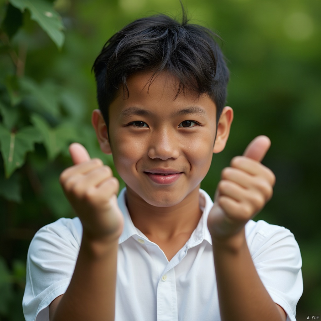 masterpiece,1 Boy,Handsome,Facing the audience,Shut up.,Muscular development,White shirt,Outdoor,Green leaves,Portrait,Front,textured skin,super detail,best quality,surreal photography,fine polished,modified,enchanted,