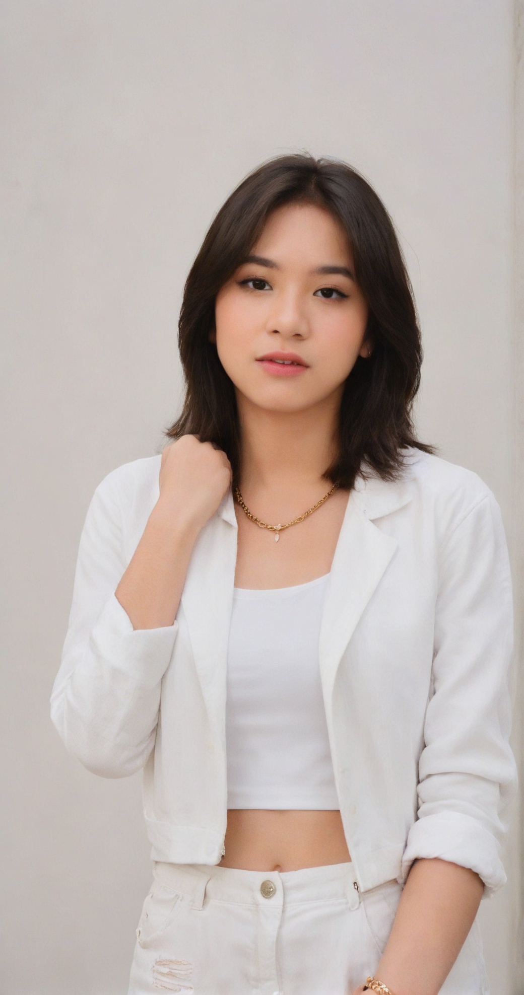 An image of a young woman with shoulder-length wavy brown hair and a relaxed,  confident pose. She should have well-define...