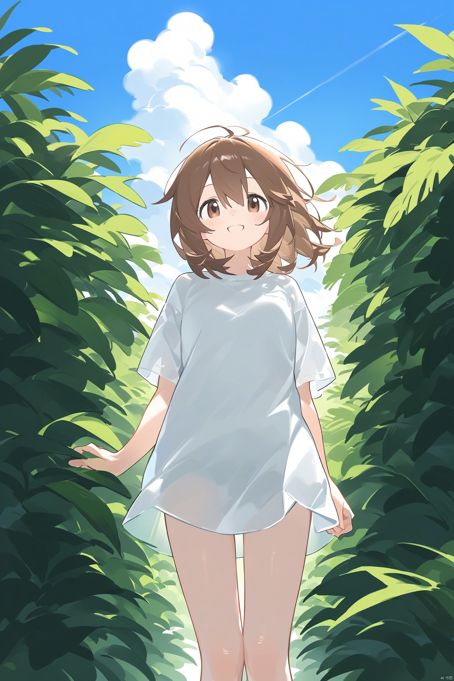 1girl, brown_hair, outdoors, plant, shirt, sky, smile, solo, white_shirt