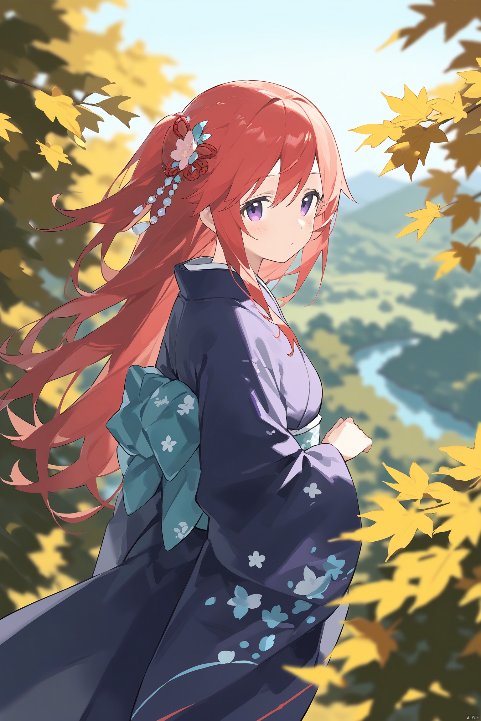 1girl,red hair,purple eyes,furisode,blurry,blurry_foreground,blurry_leaf,landscape,from_above,cowboy_shot,long hair