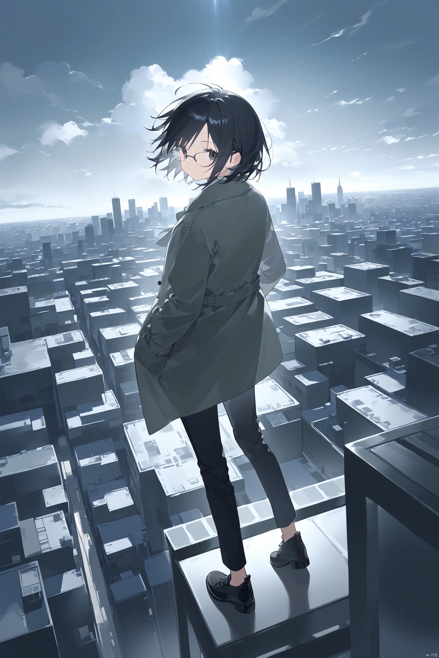 1girl, cloudy sky, solo, cloud, sky, outdoors, black footwear, looking back, looking at viewer, black hair, short hair, pants, sleeves past wrists, city, cityscape, jacket, shoes, long sleeves, from behind, black pants, full body, coat, glasses, sunlight, building, overcast, grey sky, closed mouth, floating hair