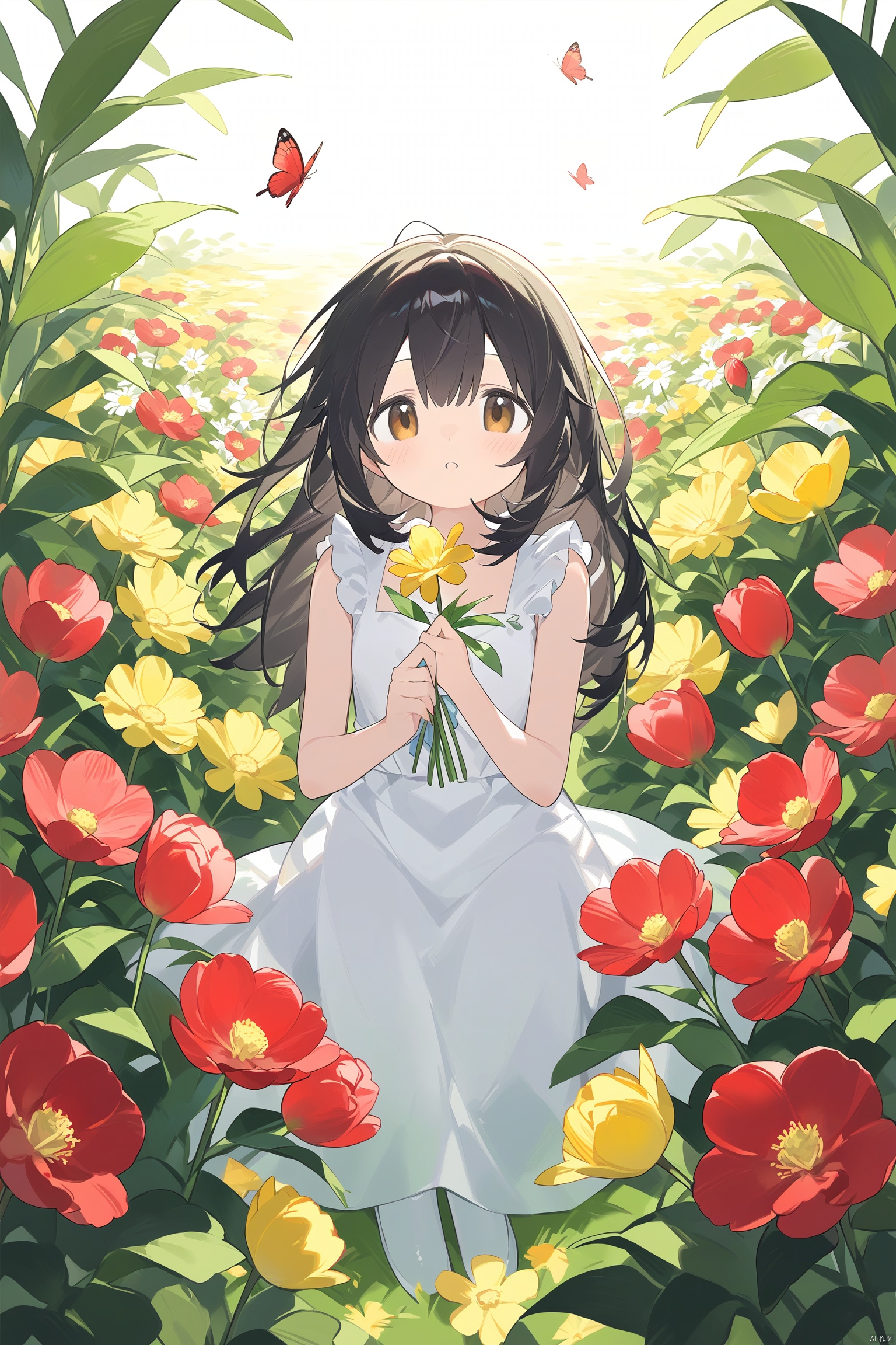 1girl, bangs, bare_arms, bare_shoulders, berry, black_hair, blunt_bangs, bouquet, brown_eyes, bug, butterfly, camellia, daisy, dandelion, dress, floral_print, flower, flower_field, hibiscus, holding_flower, leaf, long_hair, looking_at_viewer, nail_polish, orange_flower, parted_lips, plant, red_flower, red_nails, red_rose, sitting, sleeveless, solo, spider_lily, sunflower, tulip, yellow_flower