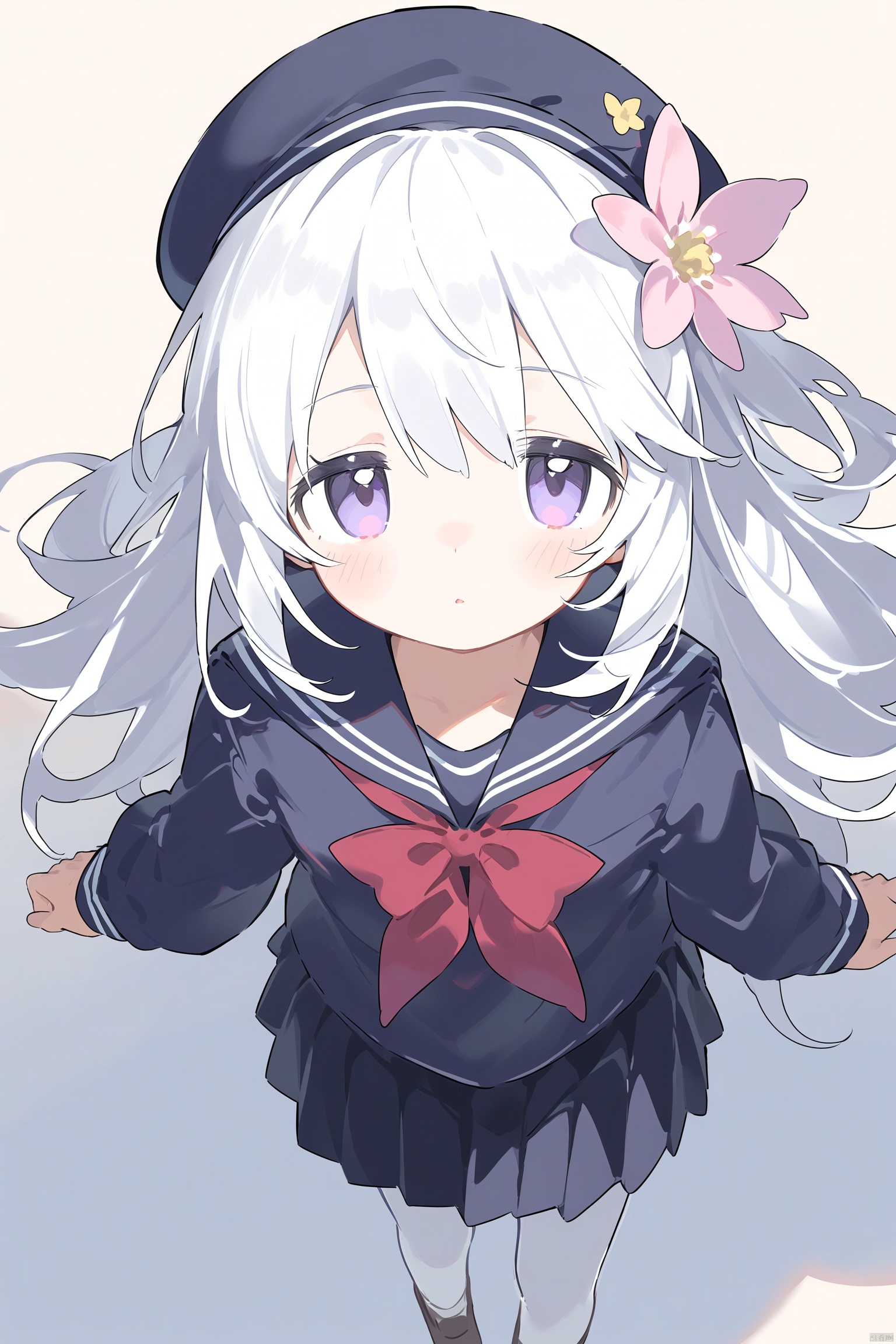 1girl, solo, long hair, school uniform, hat, purple eyes, flower, tomoeda elementary school uniform, skirt, serafuku, hair flower, hair ornament, white hair, beret, pleated skirt, sketch, looking at viewer