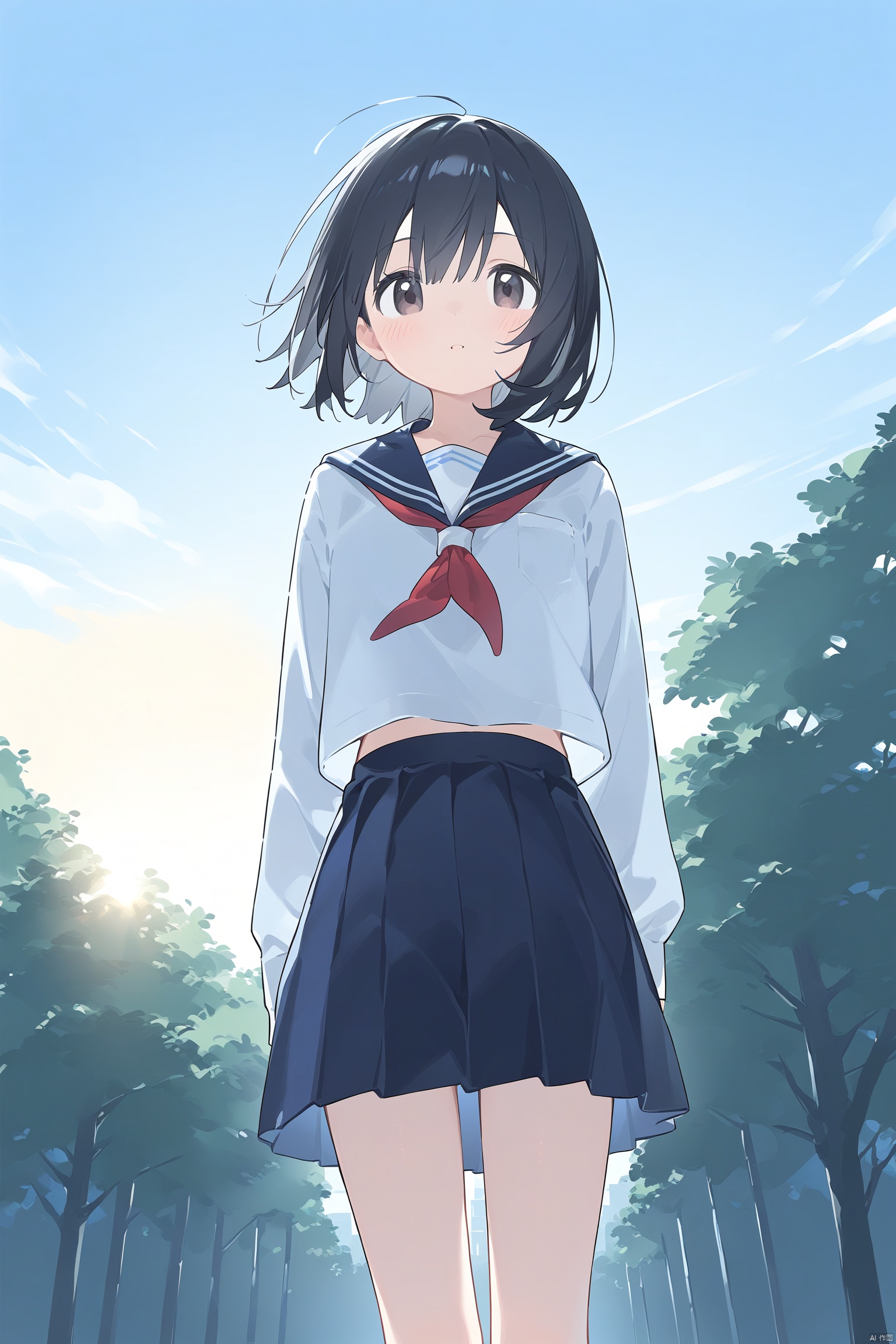 1girl, bangs, black_hair, blue_sailor_collar, blue_skirt, long_sleeves, outdoors, pleated_skirt, sailor_collar, school_uniform, serafuku, shirt, short_hair, skirt, sky, solo, white_shirt