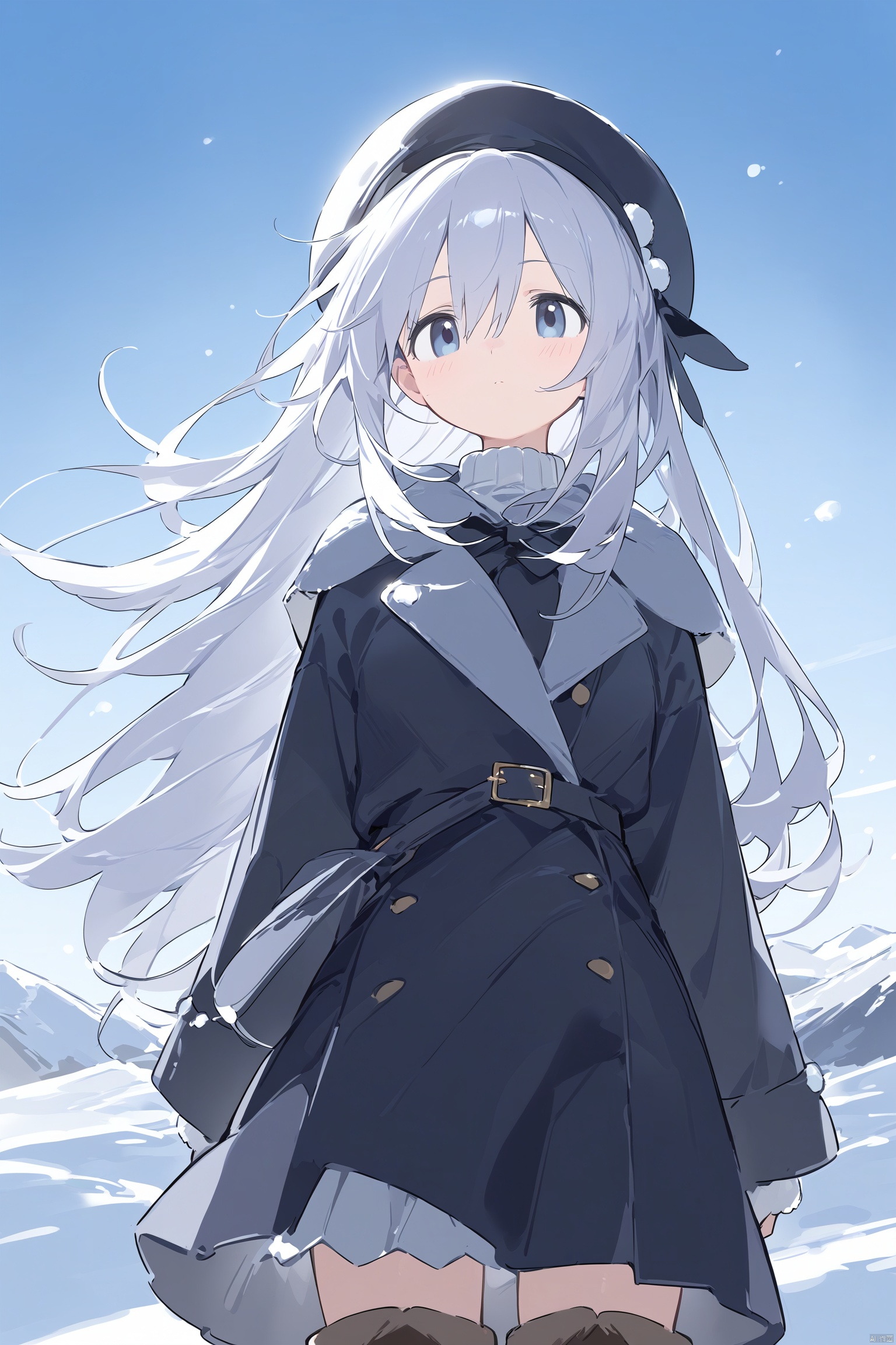 (masterpiece),(best quality),(sketch),solo,1girl,long hair,beret,knee boots,cotton boots,winter,upper body,looking_sky