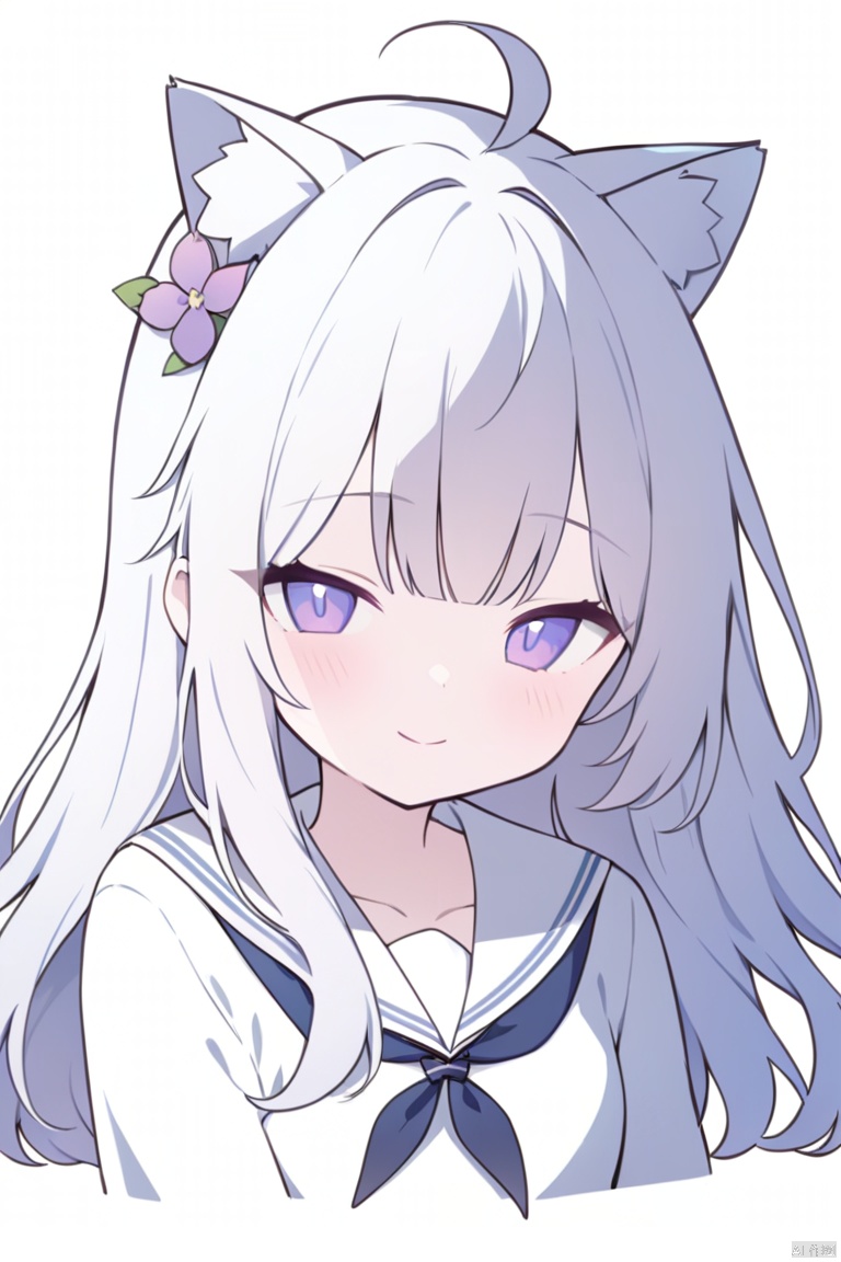 chibi,cleavage, (cat ears), half-closed eyes , school uniform, 1girl, solo, looking at viewer, flower, long hair, bangs, closed mouth, simple background, white background, upper body, white hair, hair intakes, purple eyes, expressionless, eyelashes, best quality, smile, White cat ears