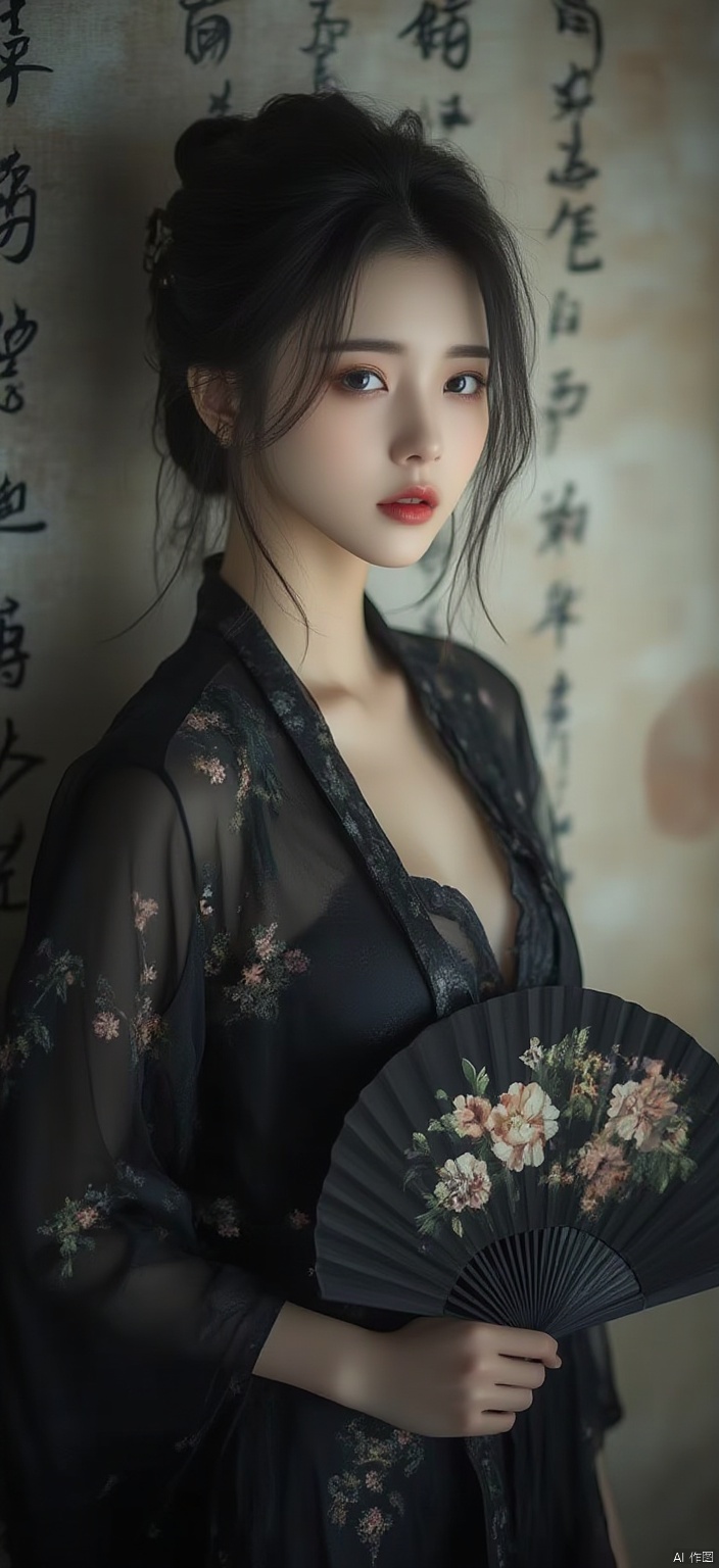 1girl, with a black kimono adorned with flowers. Her hair is pulled back in a bun
cascading down her shoulders
framing her face. She is adorned with a bold red lip
adding a pop of color to her outfit. Her eyes are a piercing blue
her eyebrows are a darker shade of brown
and her lips are a lighter shade of red. She's holding a black hand fan
with a floral pattern on it
adding depth to the scene. The background is blurred
The background is a wall with Chinese characters written on it
creating a stark contrast to the woman's outfit.sexy
