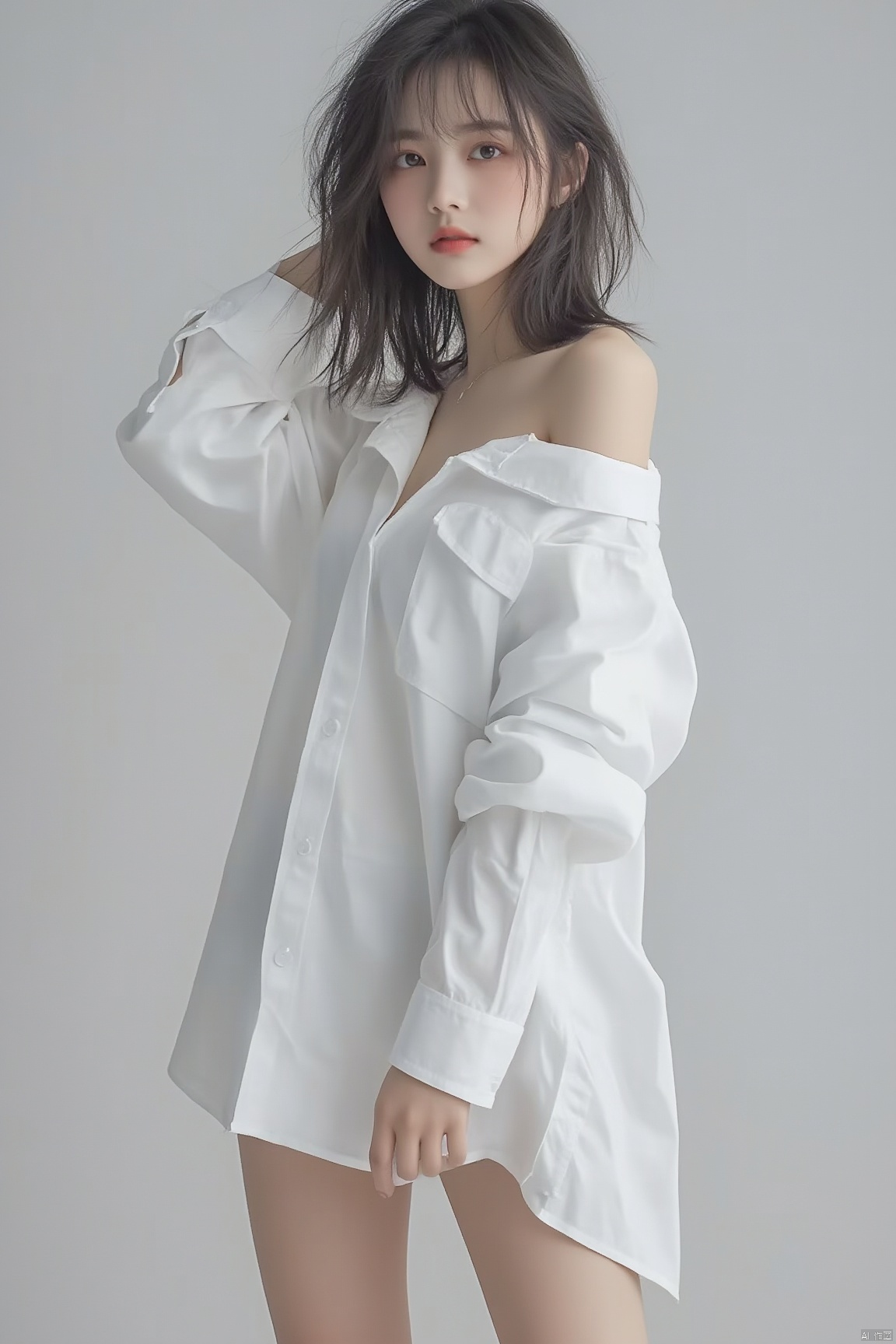 1girl is wearing a white boyfriend shirt,Shoulders and legs exposed,