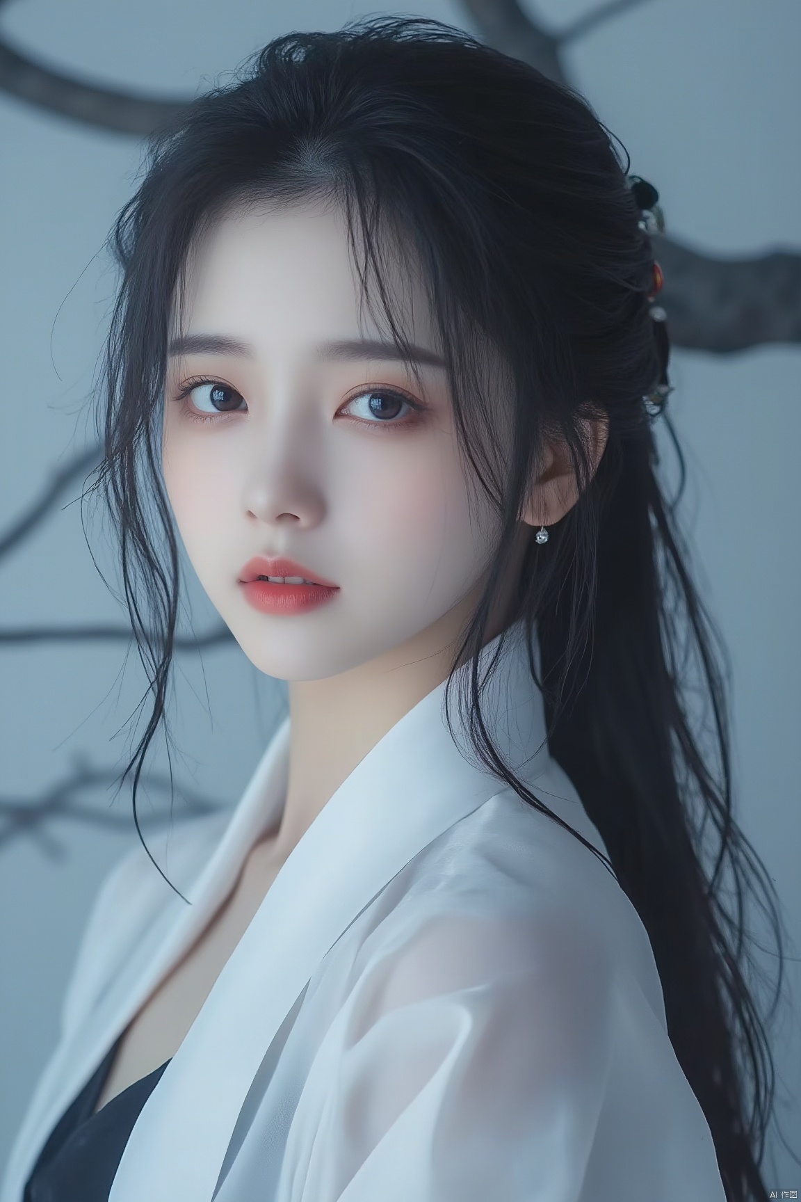 A close-up shot of a young Asian woman with long dark hair
wearing a white shirt and a black kimono.She has charming breasts and shoulders. Her hair is pulled back in a ponytail
adding a touch of color to her face. Her eyes are a piercing blue
and her lips are a vibrant red. She is positioned in front of a backdrop of a tree branch
with a light blue sky
creating a stark contrast to her dark hair. The woman's hair is cascading over her shoulders
adding depth to the composition. The background is blurred
making the woman's attention to the image.
