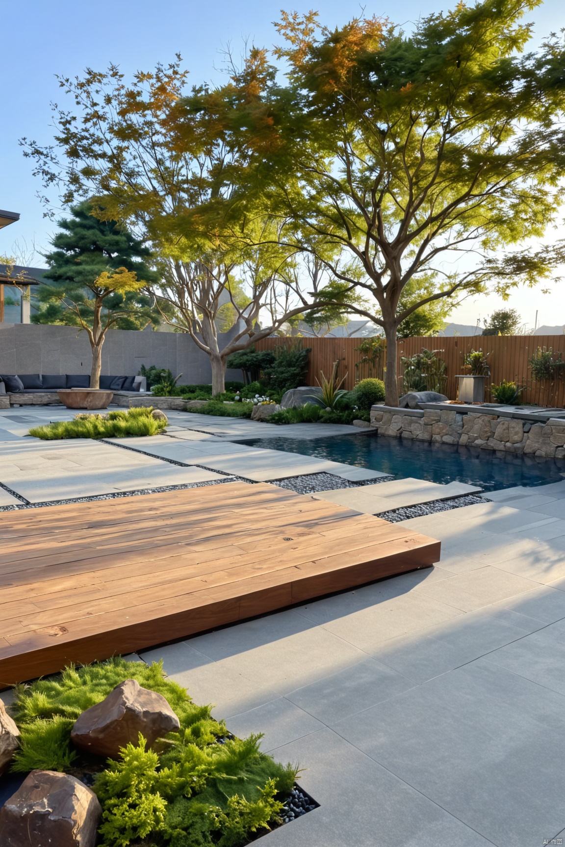 pool,Modern pavement,Modern Garden,Beautiful scenery,maple,pine,Stepping Stone