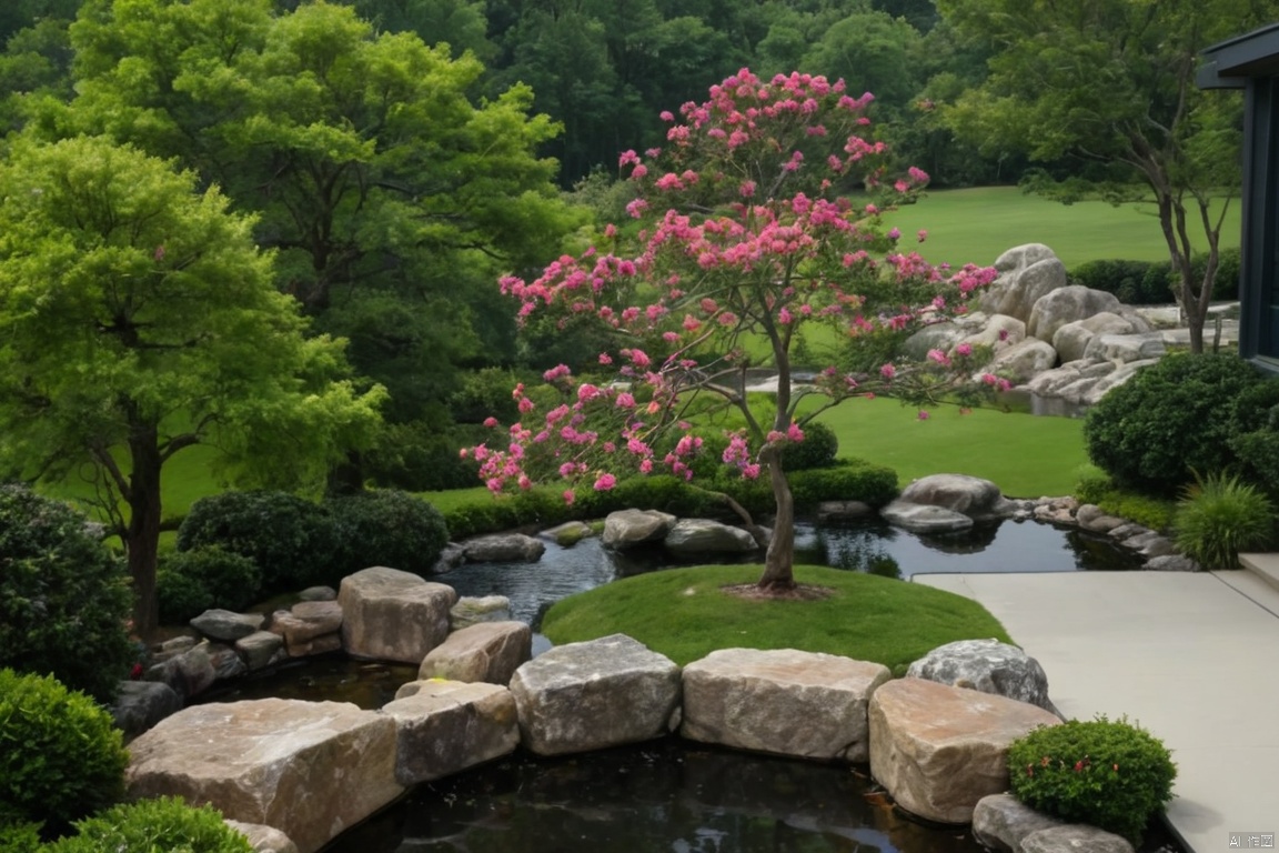 Shot from a high angle, a bright pink blooming crape myrtle tree stands in front of a small pond. The pond is surrounded by lush green shrubs and several large rocks, pine, adding a touch of nature to the scene. The water in the pool is dark blue, with several small orange fish swimming in it. To the left of the pond, a large rock formation can be seen, adding depth to the composition. The background of the scene is a white building and trees, Modern Garden