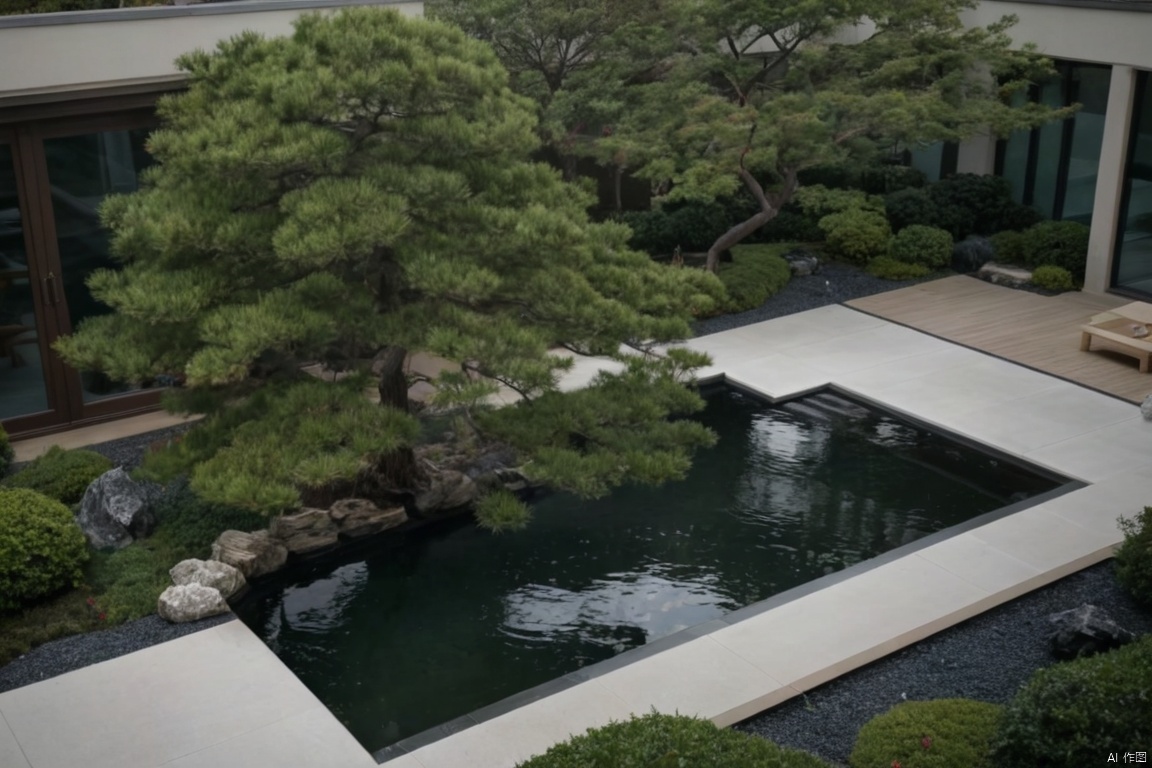 Captured from a high-angle perspective on a cloudy day, pine,自然式景观,a small pool of water is visible in the foreground. The pool is surrounded by a series of trees and shrubs, and there are steps on the right side of the pool. On the left side, a large tree trunk is visible. The sun is shining through the trees, adding a touch of color to the scene.
Modern Garden, Modern Garden