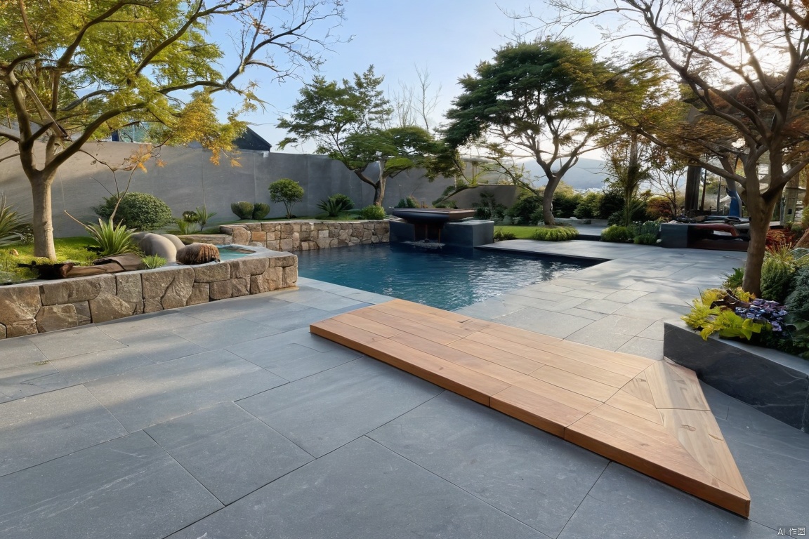 pool,Modern pavement,Modern Garden,Beautiful scenery,maple,pine,Stepping Stone