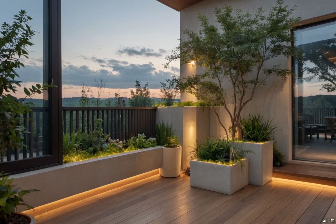 Captured from a high-angle perspective, a view of a modern home's front porch. The porch is adorned with wooden planks and a planter with a plant in it, adding a touch of greenery to the scene. The sky is a muted blue, with a few wispy clouds. The sun is setting, casting a soft glow on the porch, creating a peaceful and inviting atmosphere.
Modern Garden