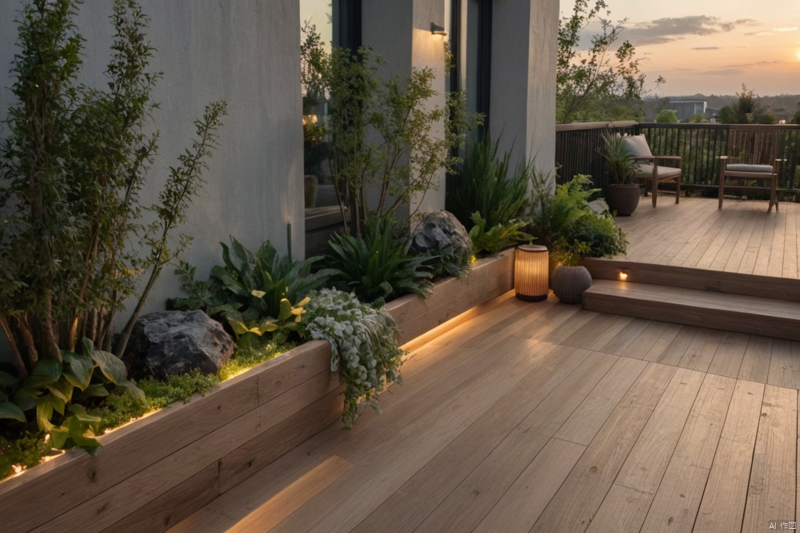 Captured from a high-angle perspective, a view of a modern home's front porch. The porch is adorned with wooden planks and a planter with a plant in it, adding a touch of greenery to the scene. The sky is a muted blue, with a few wispy clouds. The sun is setting, casting a soft glow on the porch, creating a peaceful and inviting atmosphere.
Modern Garden