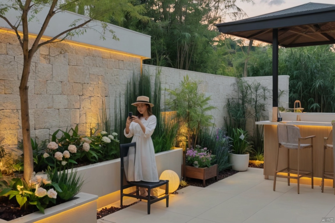 Captured from a high-angle perspective, a woman in a white dress and a straw hat is standing at a white outdoor bar. She is holding a phone in her right hand and taking a selfie. The bar is adorned with a white umbrella, and a wooden chair is positioned in front of it. To the left of the bar, a tree with green leaves and purple flowers is growing in a planter. Behind the tree, a white stone wall is visible, and behind the wall is a black building., Modern Garden