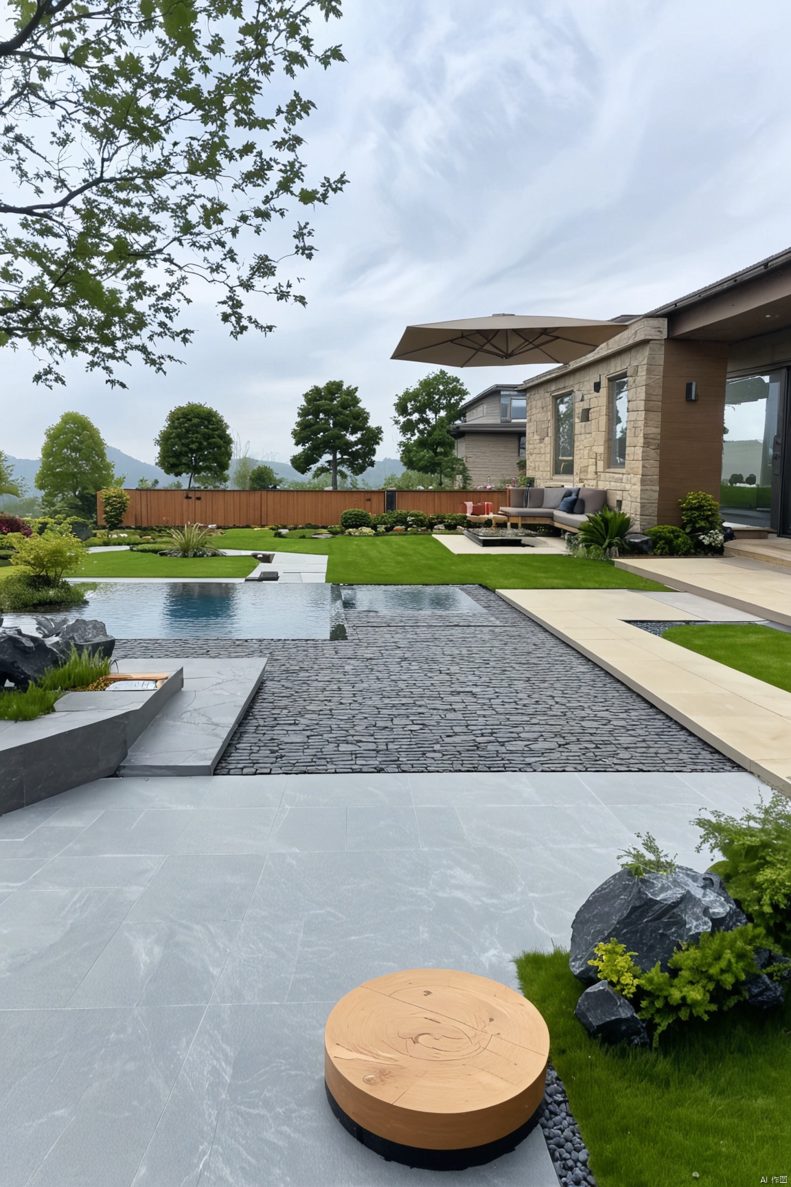 pool,Modern pavement,Modern Garden,Beautiful scenery,maple,pine,Stepping Stone