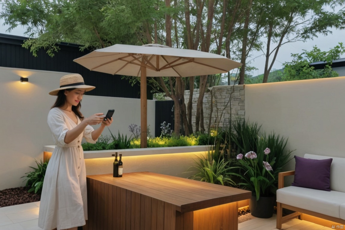 Captured from a high-angle perspective, a woman in a white dress and a straw hat is standing at a white outdoor bar. She is holding a phone in her right hand and taking a selfie. The bar is adorned with a white umbrella, and a wooden chair is positioned in front of it. To the left of the bar, a tree with green leaves and purple flowers is growing in a planter. Behind the tree, a white stone wall is visible, and behind the wall is a black building., Modern Garden