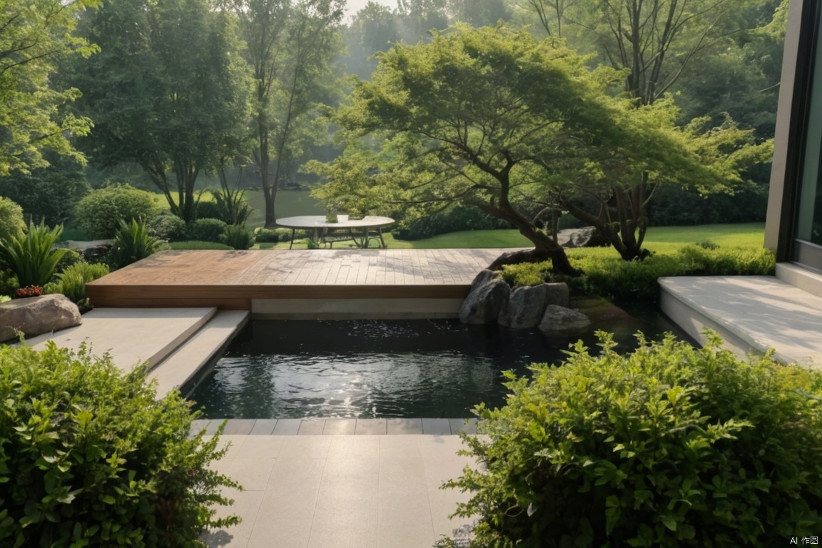 Captured from a high-angle perspective on a cloudy day, a small pool of water is visible in the foreground. The pool is surrounded by a series of trees and shrubs, and there are steps on the right side of the pool. On the left side, a large tree trunk is visible. The sun is shining through the trees, adding a touch of color to the scene.
Modern Garden, Modern Garden