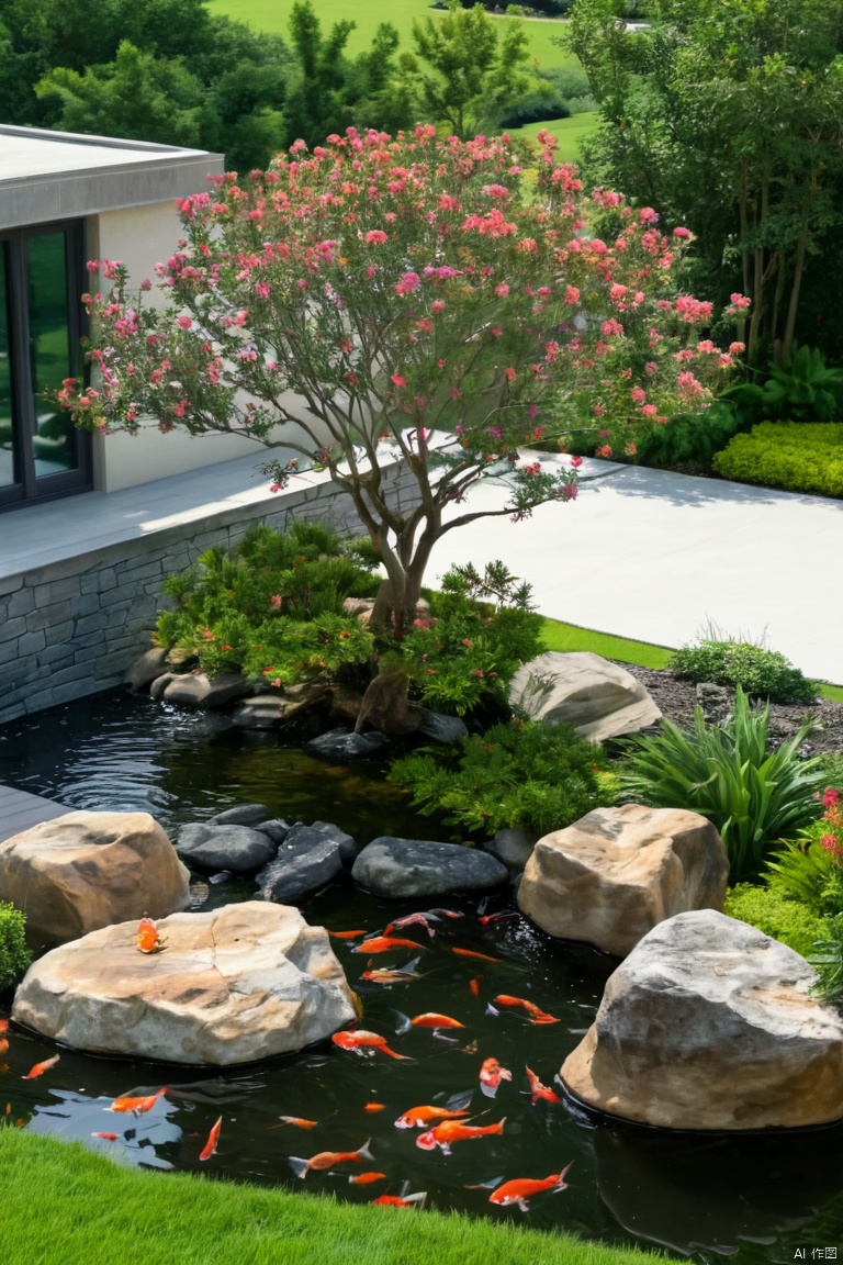 Shot from a high angle, a bright pink blooming crape myrtle tree stands in front of a small pond. The pond is surrounded by lush green shrubs and several large rocks, pine, adding a touch of nature to the scene. The water in the pool is dark blue, with several small orange fish swimming in it. To the left of the pond, a large rock formation can be seen, adding depth to the composition. The background of the scene is a white building and trees, Modern Garden