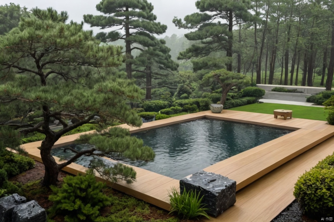 Captured from a high-angle perspective on a cloudy day, pine,自然式景观,a small pool of water is visible in the foreground. The pool is surrounded by a series of trees and shrubs, and there are steps on the right side of the pool. On the left side, a large tree trunk is visible. The sun is shining through the trees, adding a touch of color to the scene.
Modern Garden, Modern Garden