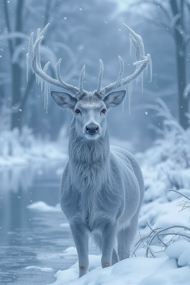 A frozen deer standing motionless by a frozen lake,  its antlers covered in icicles. The surrounding landscape is a winter...